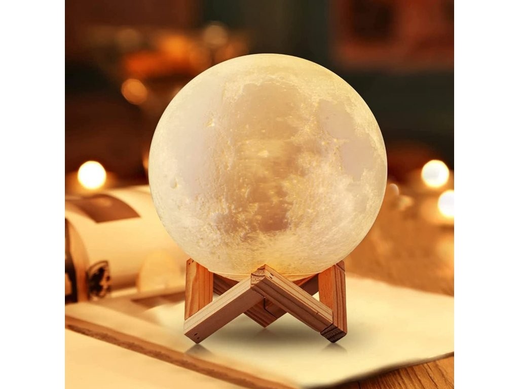 Moon Lamp 3D, Lampa Luna 15 CM LED Portabila, Stand Lemn, Alb Cald si Rece, Intensitate Reglabila, Reincarcabila