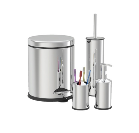 Set de baie Zilan ZLN4605 4 in 1 din inox cu cos menajer de 3 litri, perie WC, suport sapun lichid, suport periute de dinti