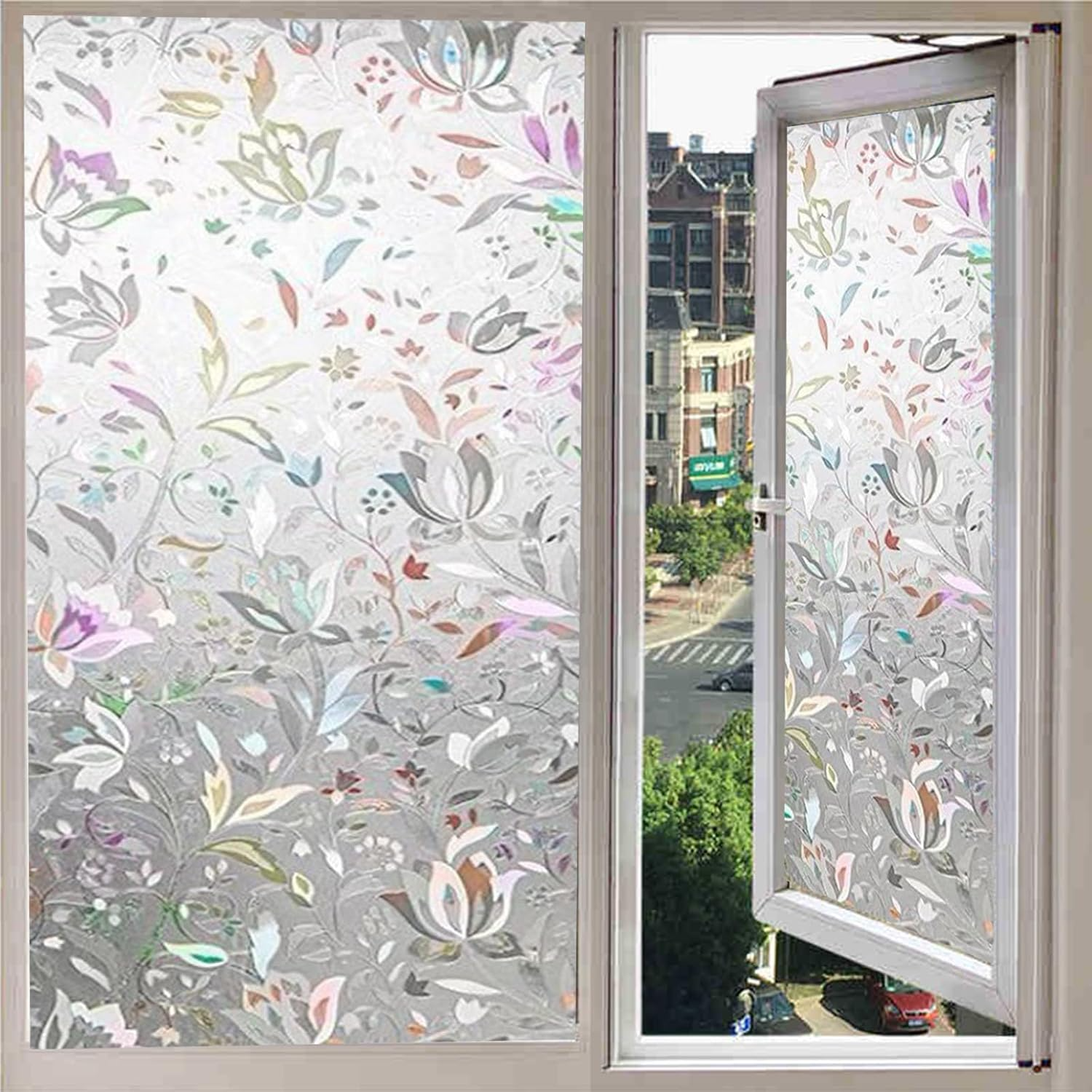 Folie decorativă autoadezivă pentru fereastră – model flori, transparentă, 45 x 200 cm