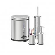 Set de baie Zilan ZLN4605 4 in 1 din inox cu cos menajer de 3 litri, perie WC, suport sapun lichid, suport periute de dinti