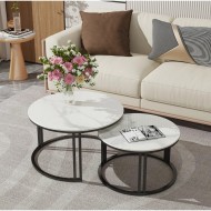 Set 2 măsuțe de cafea tip Nesting – blat cu efect marmură, cadru dublu metalic, design modern